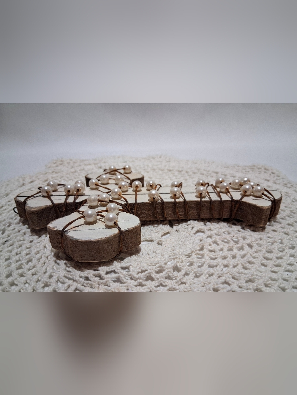 Beaded Rustic White Wooden Cross Wall Hanging - Picture 4 of 8